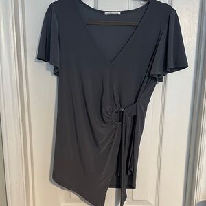 Gray-Blue V-Neck Wrap Top with Ring Detail